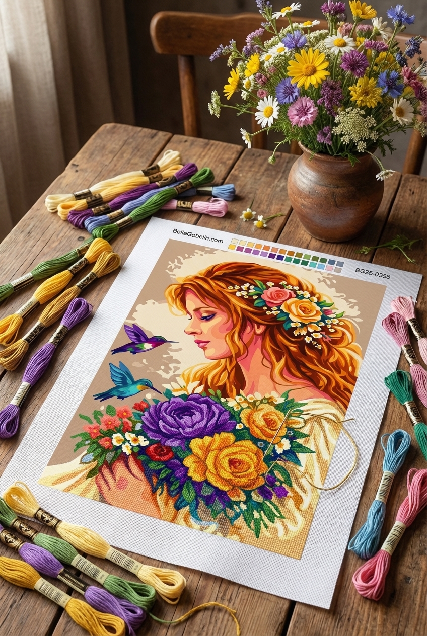 Doamnă cu buchet de flori și colibri.