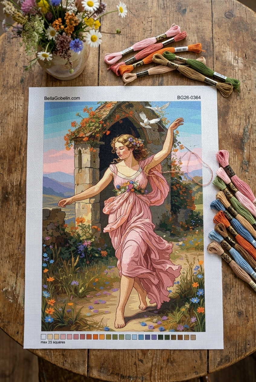 Femeie cu flori și porumbei