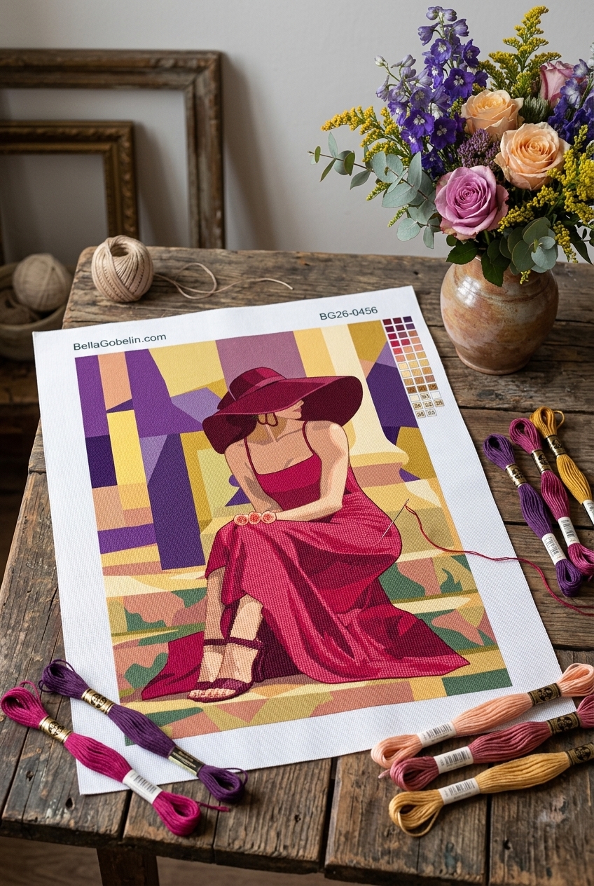 Doamnă elegantă cu pălărie - versiune în rochie purpurie