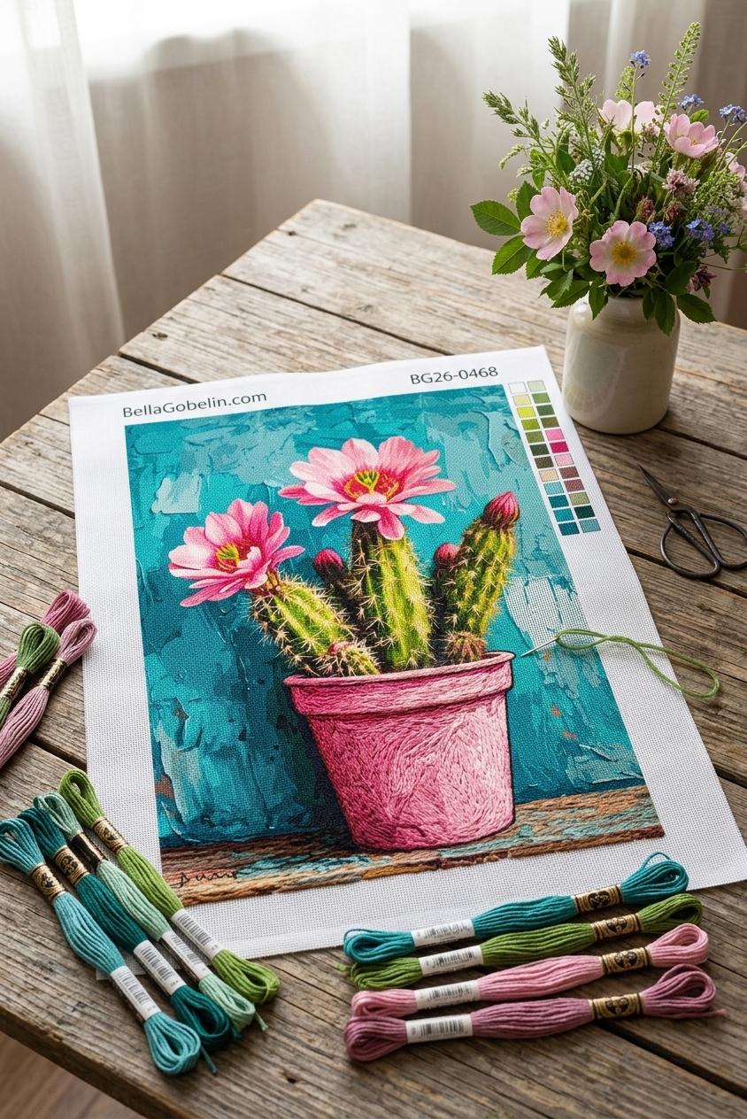 Cactus înflorit în ghiveci (goblen)