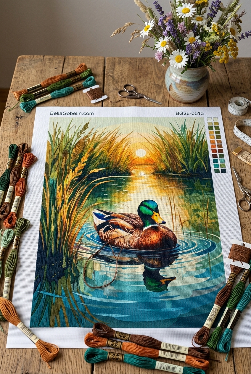 Rață pe lac la apus