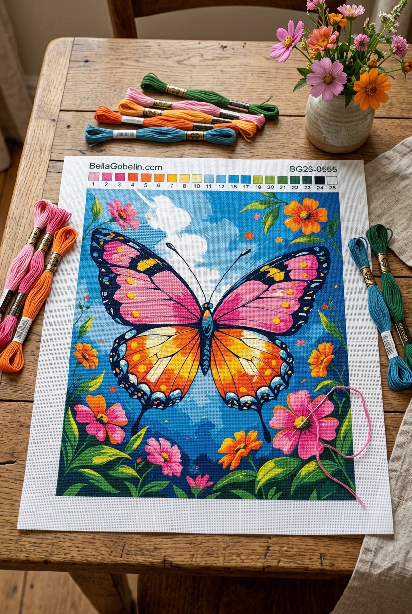 Fluture colorat printre flori