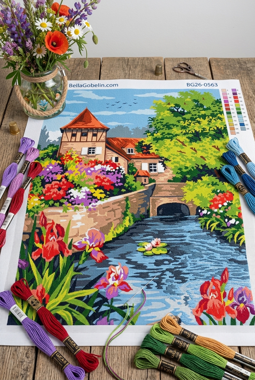 Căsuță cu flori pe malul apei