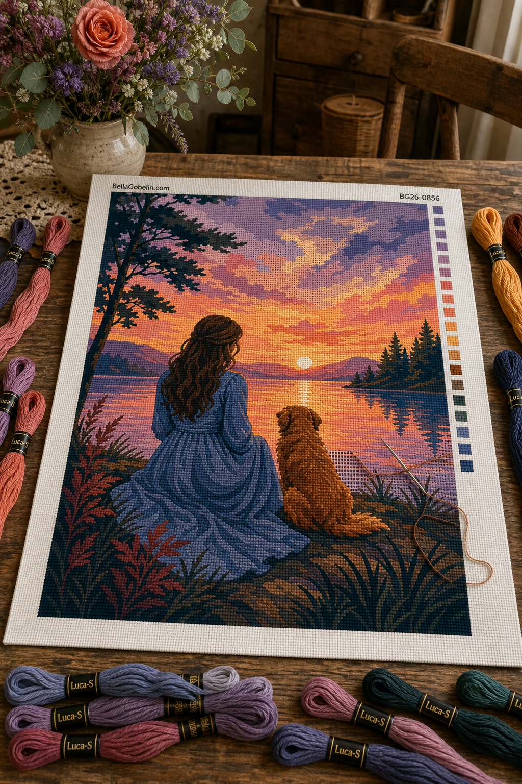 Model de gobelin cu apus de soare la malul lacului