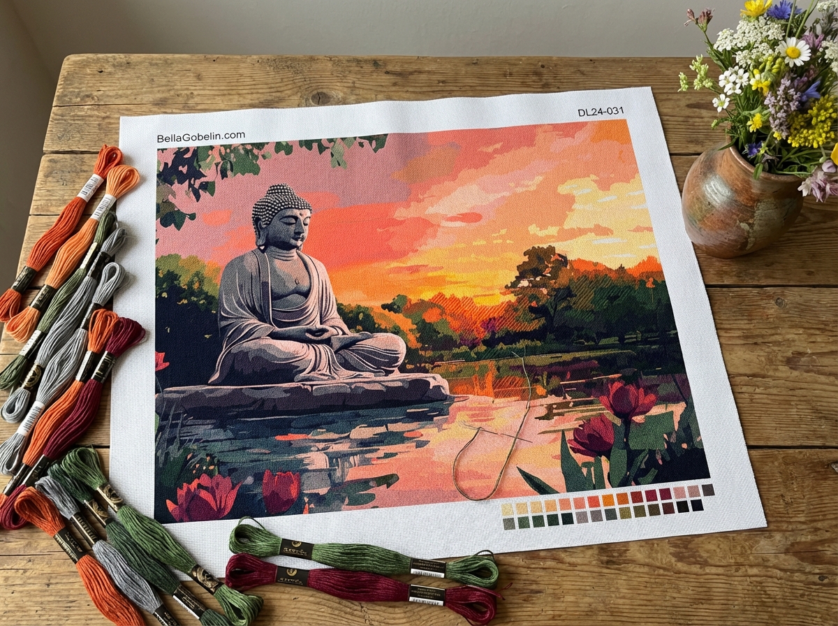 Statuia lui Buddha lângă lac
