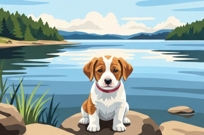 Portret canină - Cățeluș cu petice lângă lac – 25-1005