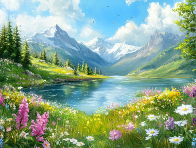 Munti, lac, flori