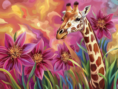 Girafa printre florile