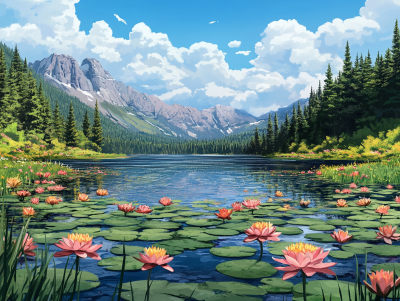 Flori de lotus în lacul montan