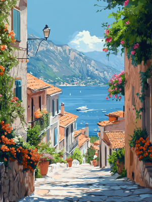 Stradă mediteraneană cu vedere la mare și flori