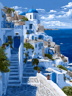 Case colorate albastre și albe în stil grec