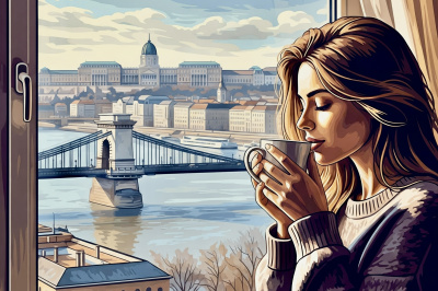 Portret de cafea la Podul cu Lanțuri pe gobelin needlepoint