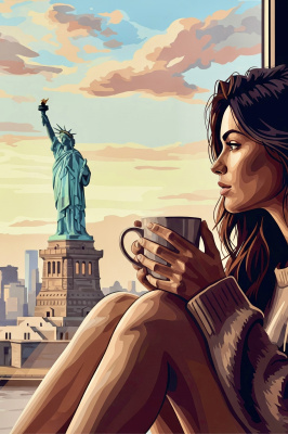 Portret cu cafea lângă Statuia Libertății