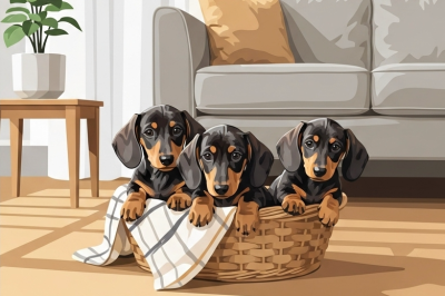 Pui de căței de dachshund în coș cu gobelin embroidery
