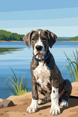 Portret de câine - German Dog, cățeluș lângă lac – 25-963