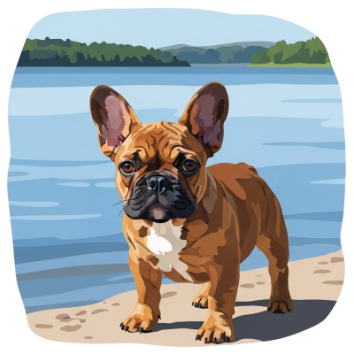 Portret canin - Parisian Bulldogian micuț lângă lac – 25-965