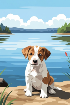 Portret canină - Cățeluș cu petice lângă lac – 25-993