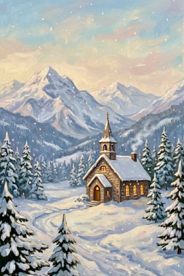 Scenă de iarnă lângă biserica veche, reprezentată în gobelin cross-stitch