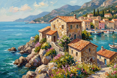 Peisaj artistic al unui oraș mic italian, broderie de gobelin