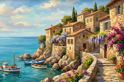 Ocupă deosebită cu tematică mediteraneană, realizată prin broderie gobelin