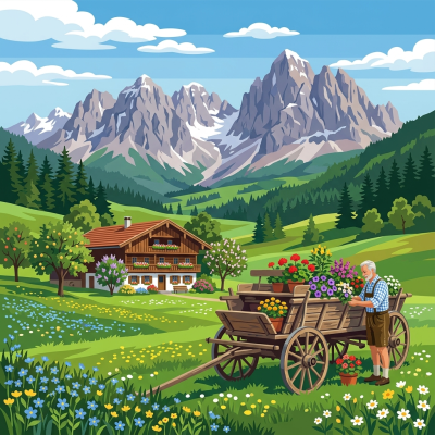 Peisaj alpin cu căruță cu flori – BG26-0587