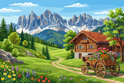 Peisaj alpin cu căruță cu flori – BG26-0588