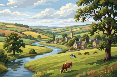 Peisaj rural englezesc cu râu