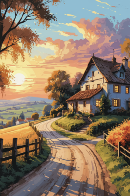 Peisaj rural la apusul soarelui
