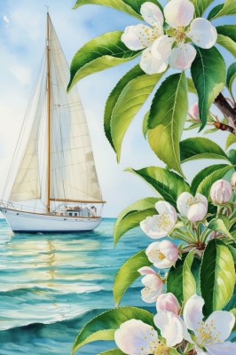 Peisaj cu barcă cu pânze și peisaj de coastă cu motive florale în gobelină și siguranță.