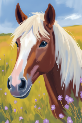 Portret de cal pe o pajiște cu flori