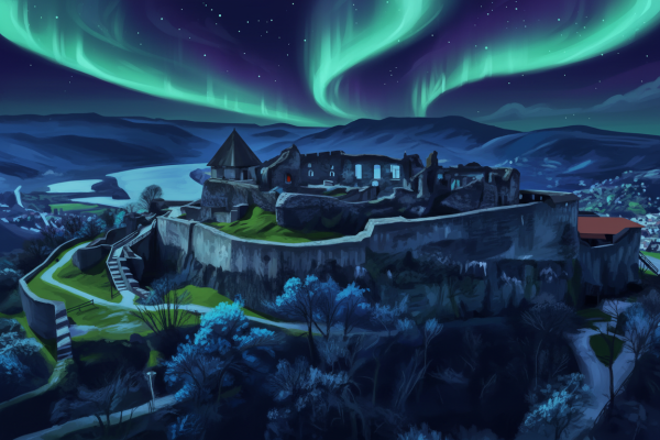 Castelul Visegrád noaptea, cu aurora boreală