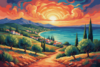 Peisaj mediteranean la apus de soare