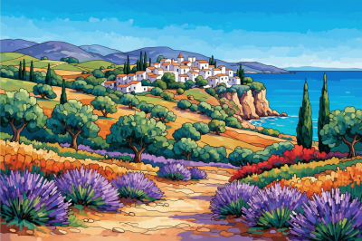 Peisaj mediteranean cu câmp de lavandă