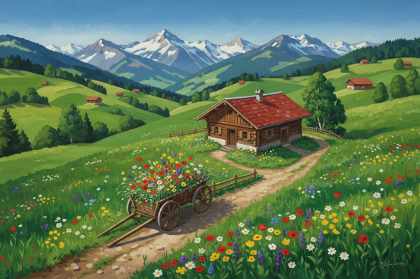 Peisaj alpin cu căruță cu flori – BG26-0226