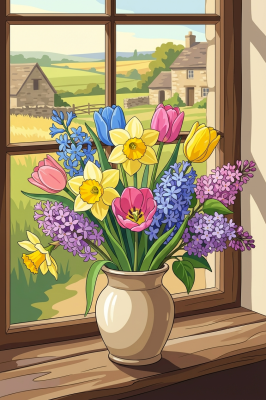 Buchet colorat la fereastră