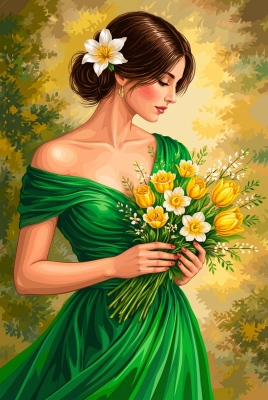 Doamnă în rochie verde cu buchet de flori galbene