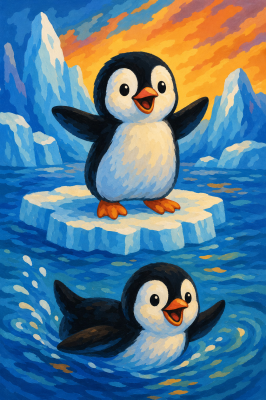 Pinguini veseli pe un câmp de gheață