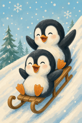 Pinguini pe sanie