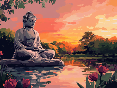 Statuia lui Buddha lângă lac