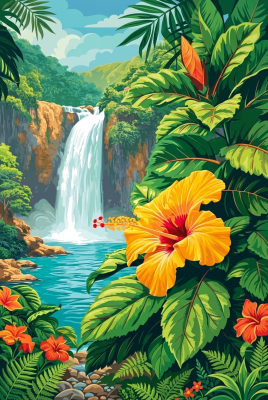 Cascadă tropicală cu hibiscus