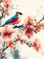 Stil chinezesc: păsărică pe ramul florilor