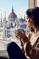 Portret cu cafea în fața Parlamentului