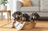 Pui de căței de dachshund în coș cu gobelin embroidery