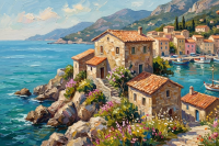Peisaj artistic al unui oraș mic italian, broderie de gobelin