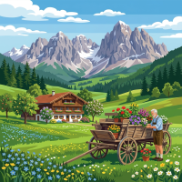 Peisaj alpin cu căruță cu flori – BG26-0587