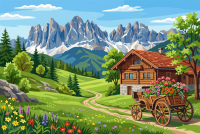 Peisaj alpin cu căruță cu flori – BG26-0588