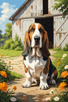 Basset hound în fața magaziei