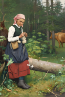 Johan Krouthén - Reproducere a unei fetițe în pajiște de pădure din broderie needlepoint