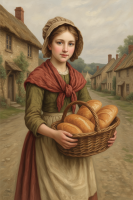 Fată cu pâine în peisaj rural