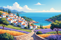 Peisaj mediteranean cu câmp de lavandă